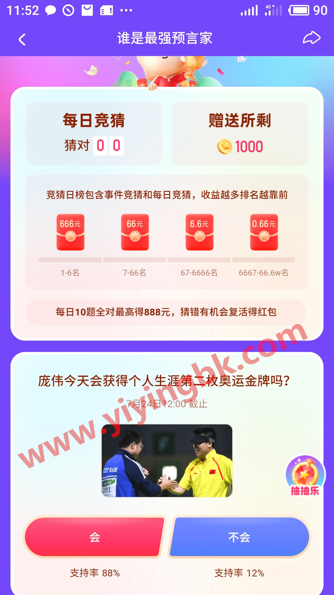 谁是最强预言家，答对10题最高得888元红包，还有666元的日榜奖励。www.yiyingbk.com