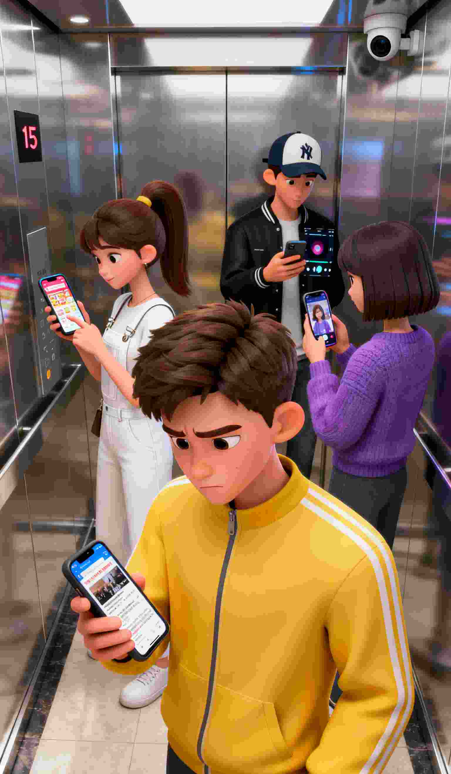 几个年轻男女，在电梯里看手机。www.yiyingbk.com