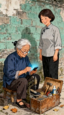 一位老奶奶在自己的修鞋摊看着手机,旁边的中年妇女正在和老奶奶说着话。www.yiyingbk.com 一位老奶奶在自己的修鞋摊看着手机,旁边的中年妇女正在和老奶奶说着话。www.yiyingbk.com